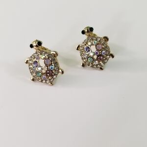 Gold tone with pastel rhinestones turtle earrings